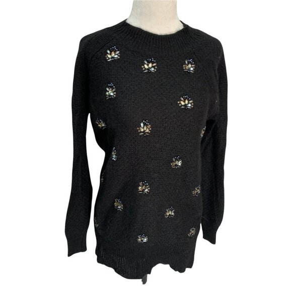 DKNY🖤JEWEL Embellished Black Jewel Neck Sweater Size Small - Picture 3 of 11